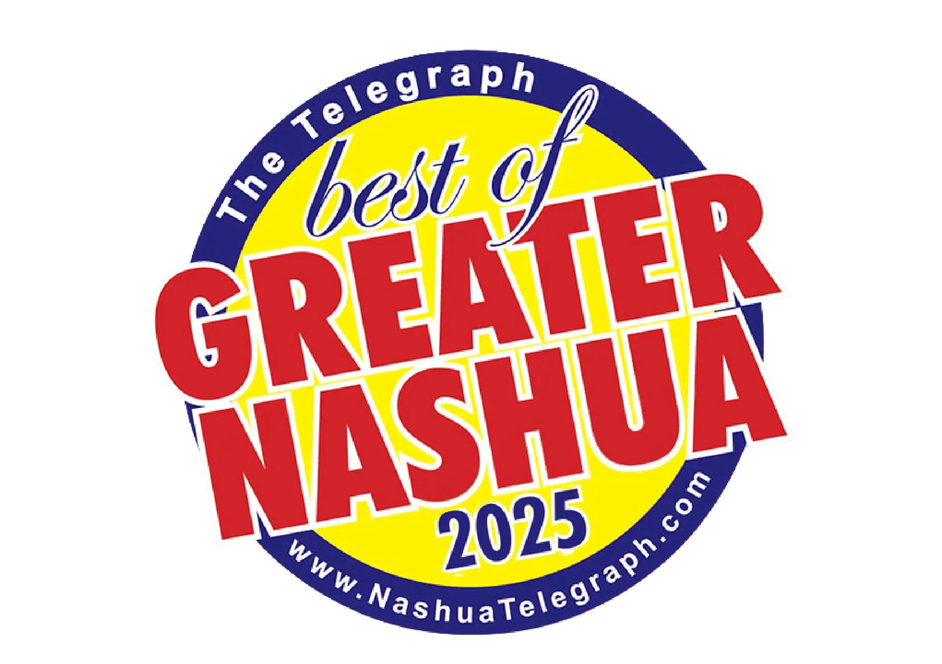 A circular Best of Greater Nashua 2025 badge from The Telegraph, with a blue, red, and yellow design.