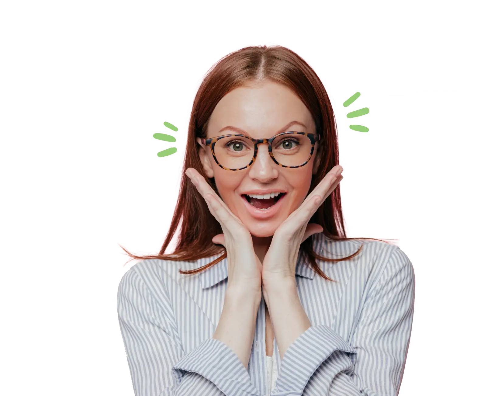 A surprised woman with glasses smiles, holding her face with both hands.