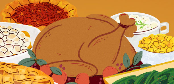 Illustration of a roasted turkey surrounded by various side dishes, including pie, corn, and green beans.