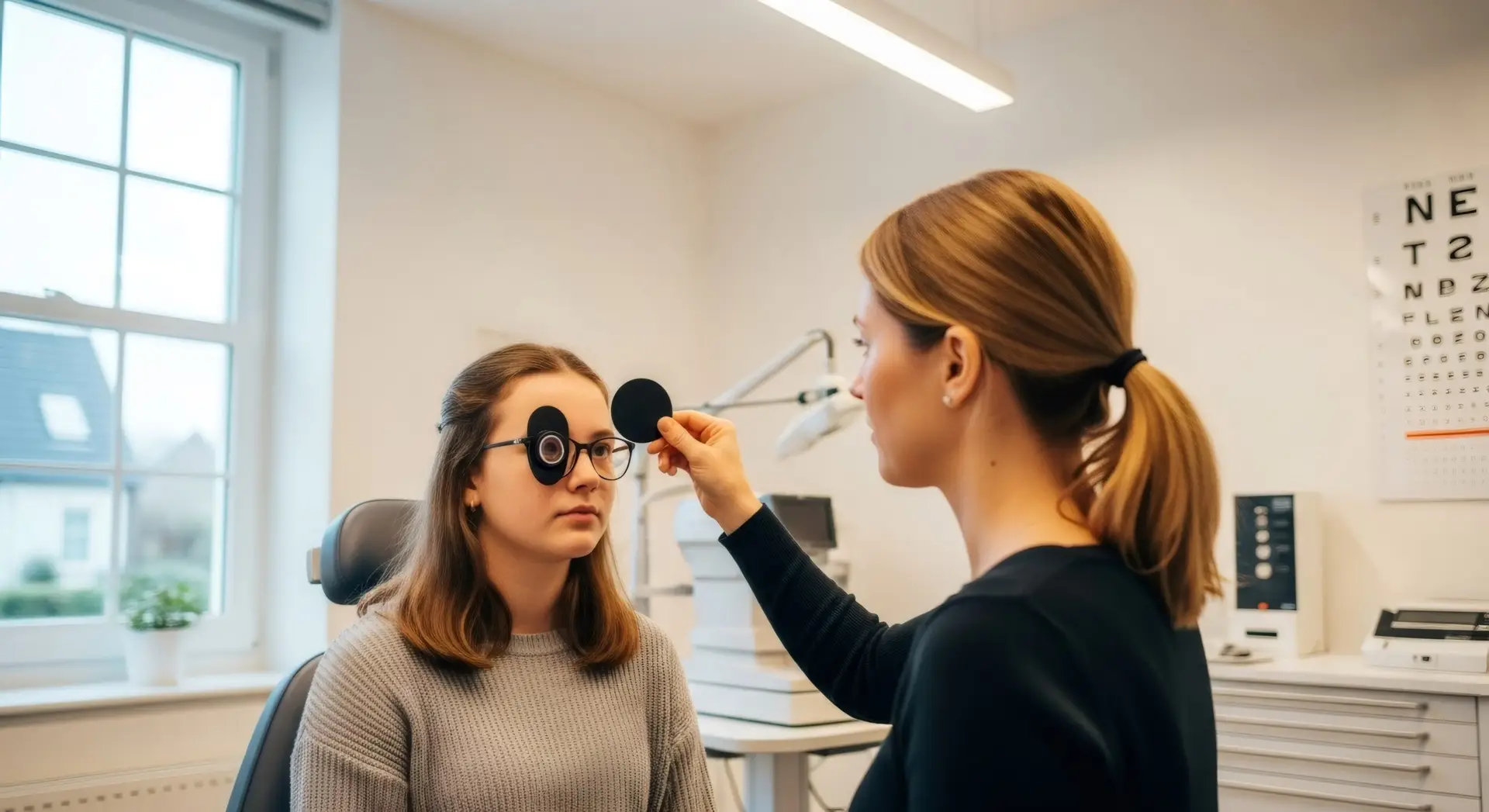 An optometrist conducts an eye exam for a young woman using an eye occluder in a clinic.