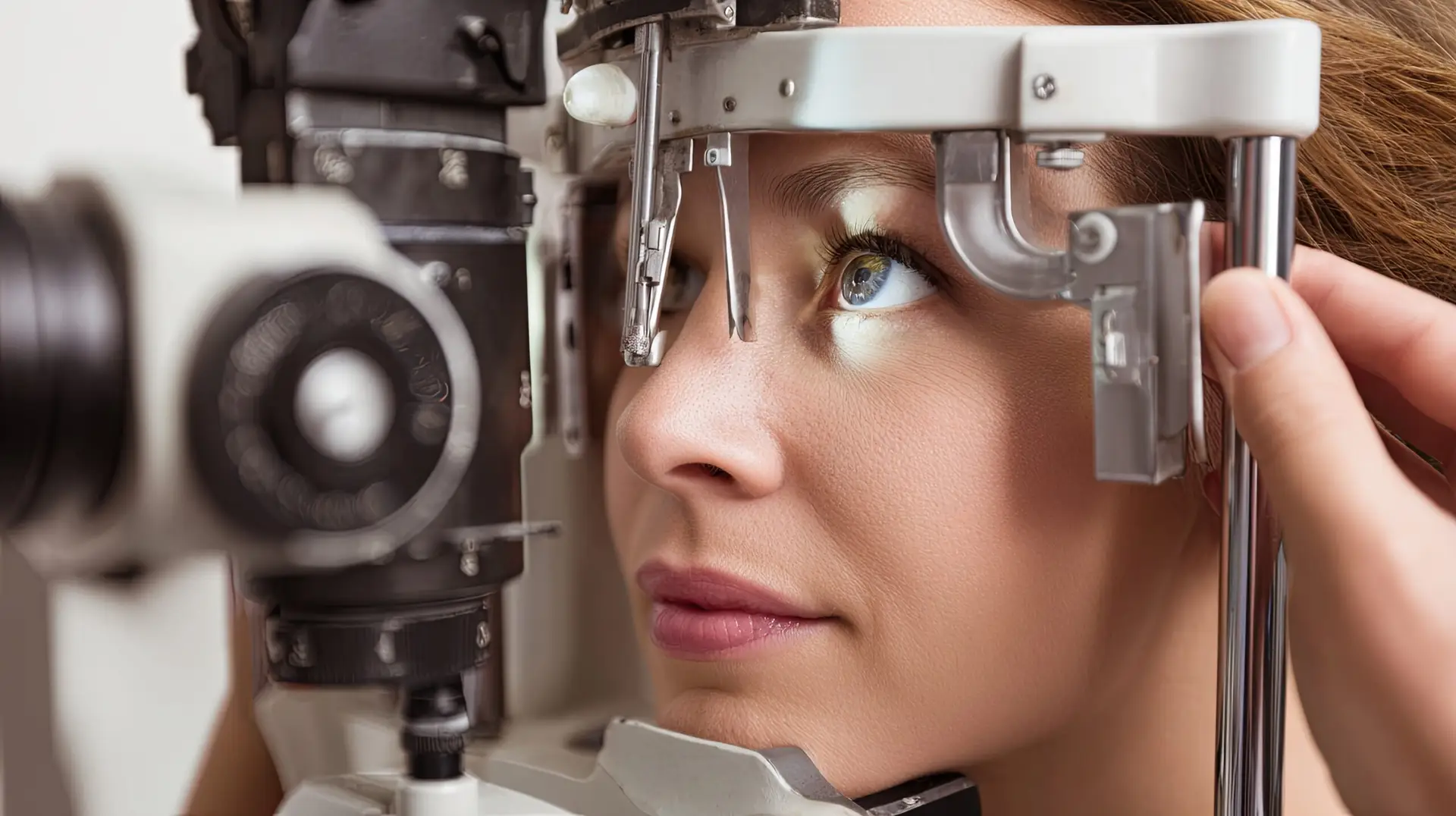 Woman having her eyes examined with a slit lamp during an eye exam at an optometrist’s office.