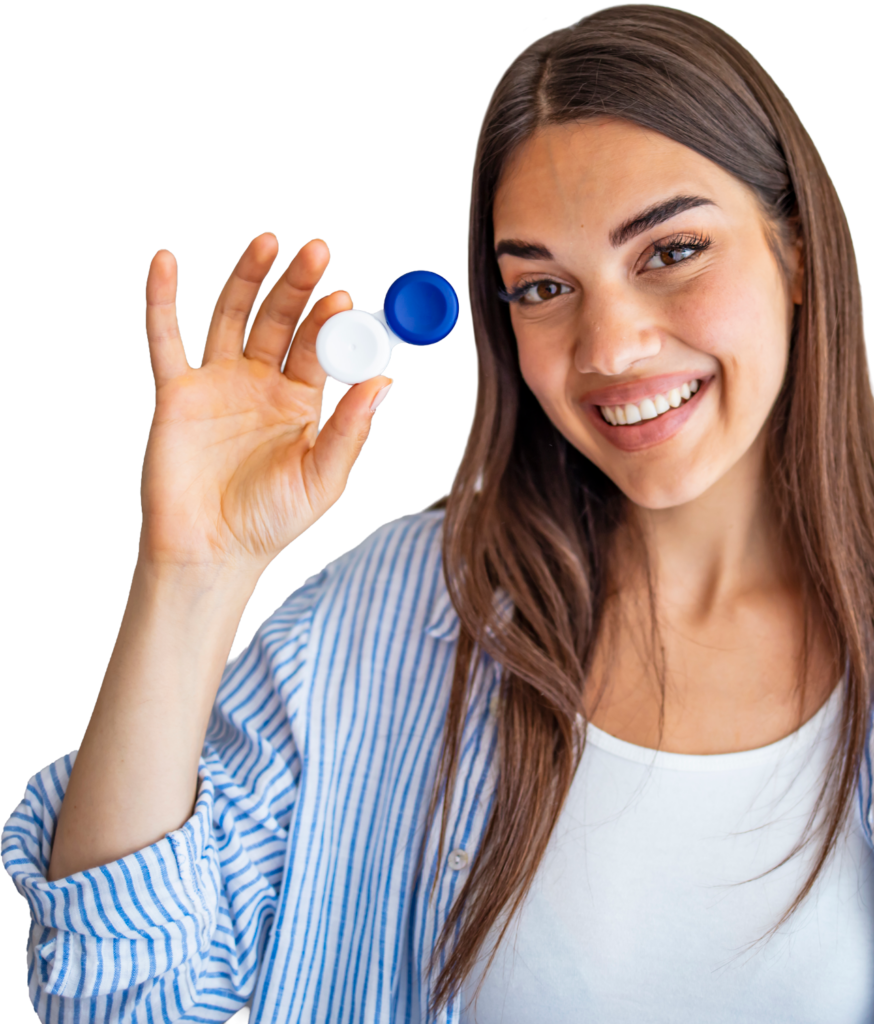 Woman smiling and holding an open contact lens case with blue and white lids against a plain background.